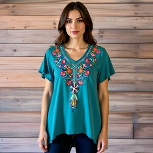 CAITE EMBROIDERED ASYMMETRICAL BLOUSE, LARGE
